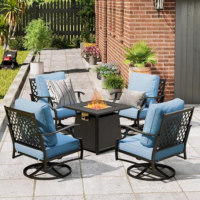 MIXPATIO Patio Furniture Set with Fire Pit Table, 5 Pcs Metal Outdoor Conversation Set, 4 Swivel Chairs with 5.75" Extra Thick Cushion and 28" Fire Pit Table for Backyard Deck, Blue