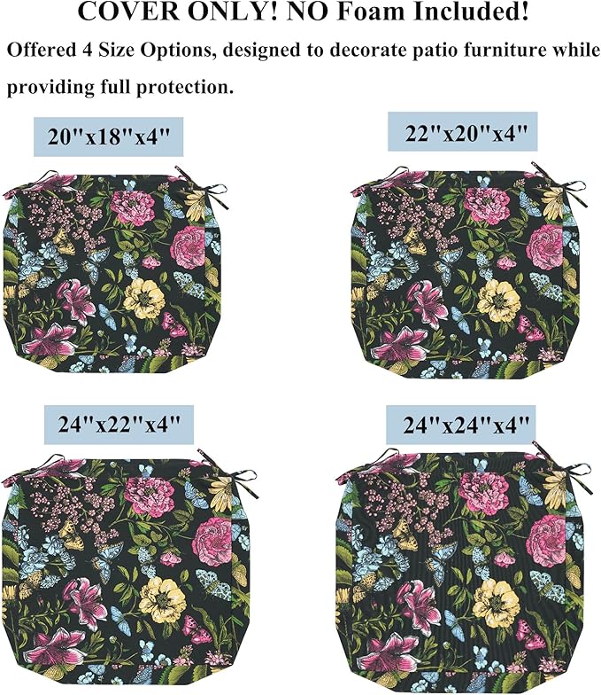 FUNHOME Outdoor Chair Cushion Covers 2 Pack, No Insert! Patio Cushion Covers Replacement 24" x 24" x 4", Water Resistant Patio Chair Cushion Slipcovers, Black Flower Butterfly(Covers ONLY)