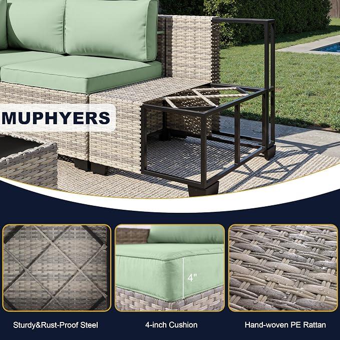 15-Piece Outdoor Patio Furniture Set with 55,000 BTU Fire Pit Table, PE Wicker Rattan Sectional Sofa Conversation Set - All-Weather Garden, Backyard Furniture, Light Green