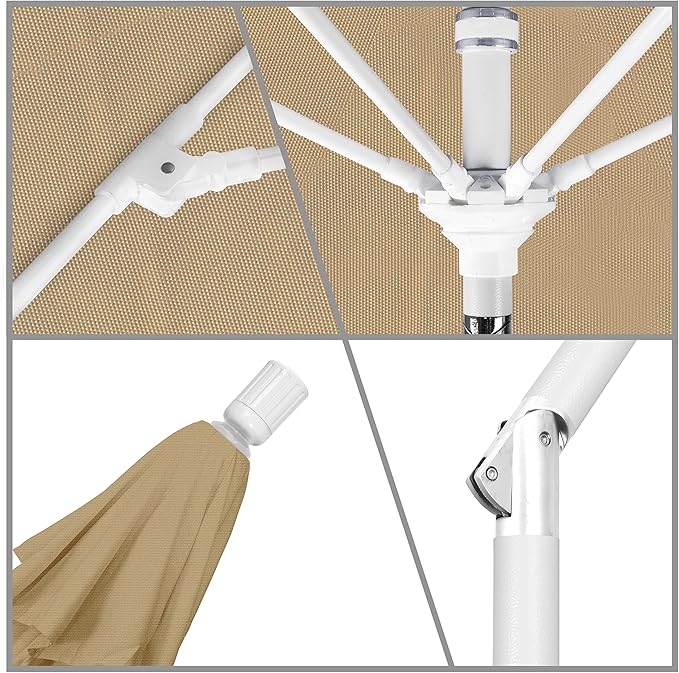 California Umbrella 9' Round Aluminum Pole Fiberglass Rib Market Umbrella, Crank Lift, Collar Tilt, White Pole, Antique Beige Olefin