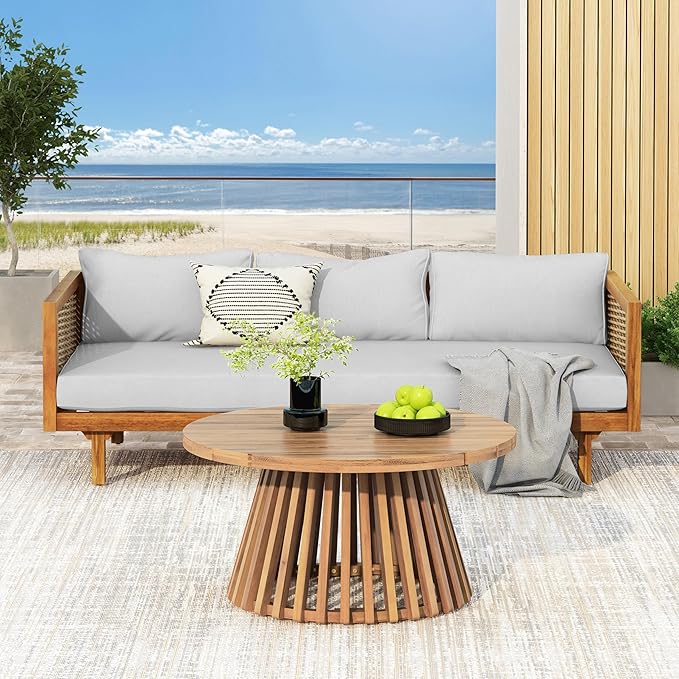 Merax Outdoor Acacia Wood Conversation Set - Patio 3-Seat Loveseat Sofa w/Coushion and Round Coffee Table for Backyard, Lawn, Balcony, Teak+Light Gray/Light Teak