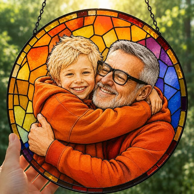 Custom Photo Stained Glass Window Hanging Suncatcher, Personalized Portrait Photo Style Family Picture Gift for Grandpa/Grandfather/Dad/Father, Custom Father's Day Birthday Decor
