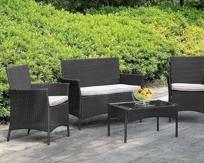 FDW Outdoor Indoor Use Rattan Chairs Wicker Conversation Sets for Backyard Lawn Porch Garden Balcony,Black