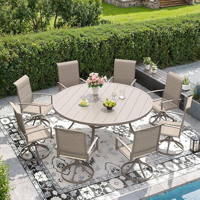 DIFY 9 Piece Outdoor Patio Dining Set for 8, 60" Round Metal Dining Table and Swivel Patio Chairs with Padded Textilene, All-Weather Outdoor Furniture Set for Garden Backyard Porch, Sandshell