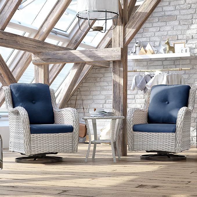 Joyside Outdoor Rocker Swivel Patio Chairs Set of 4 with 2 Matching Side Tables - 6 Pieces Patio Wicker Conversation Set with Premium & Soft Fabric Cushions(Light Grey/Blue)