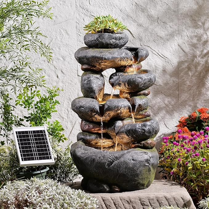 5 Tiers Cascading Solar Water Fountain Outdoor Garden,29.5" H Outdoor Water Fountain with LED Lights Pump and Flowers Pot for Patio, Backyard, Deck, Porch, Home Decor Natural Stone Look