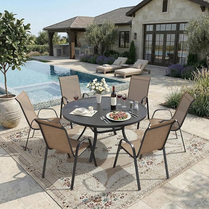 DIFY 7 Piece Outdoor Dining Set, 48" Black Round Metal Patio Table and Brown Textilene Stackable Chairs for 6, All Weather Patio Furniture Set with Umbrella Hole for Backyard Garden Deck