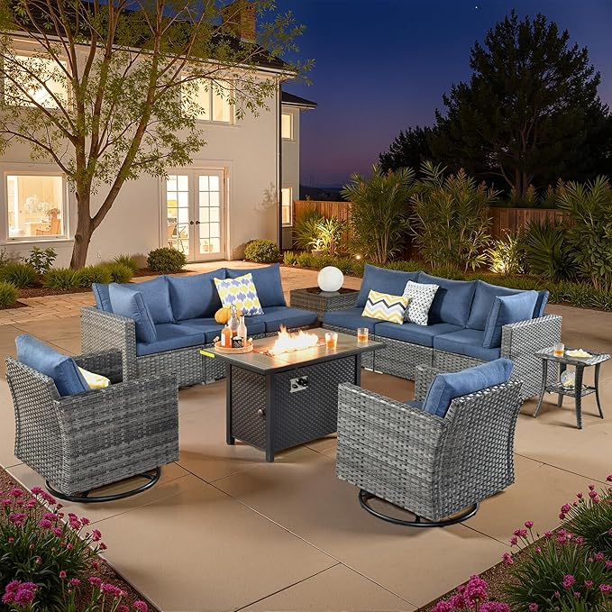11 PCS Outdoor Patio Furniture Sets with 42'' Fire Pit Table,Wicker Weather Resistant Patio Conversation Set with 2 Wicker Rocking Chair,Modular L Shaped Sofa with Coffee Table for Yard,Denim Blue