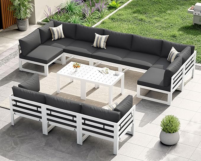 NICESOUL 12 Piece Oversized Modular Aluminum Outdoor Furniture Set with Side Table, 29" Deep and Wide Sectional Seating, 500 lbs High Weight Capacity Patio Conversation Set for Poolside, Dark Gray