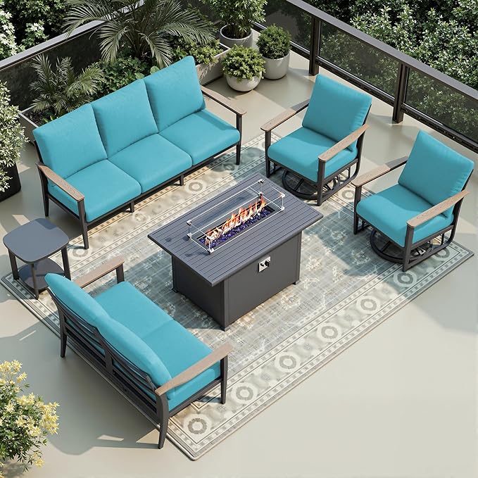 7-Seat Outdoor Patio Furniture Set with Rocking Swivel Chair, Aluminum Sectional Sofa Patio Conversation Set with 55,000 BTU Fire Pit Table & High Backrest & Thickened Cushions, Turquoise