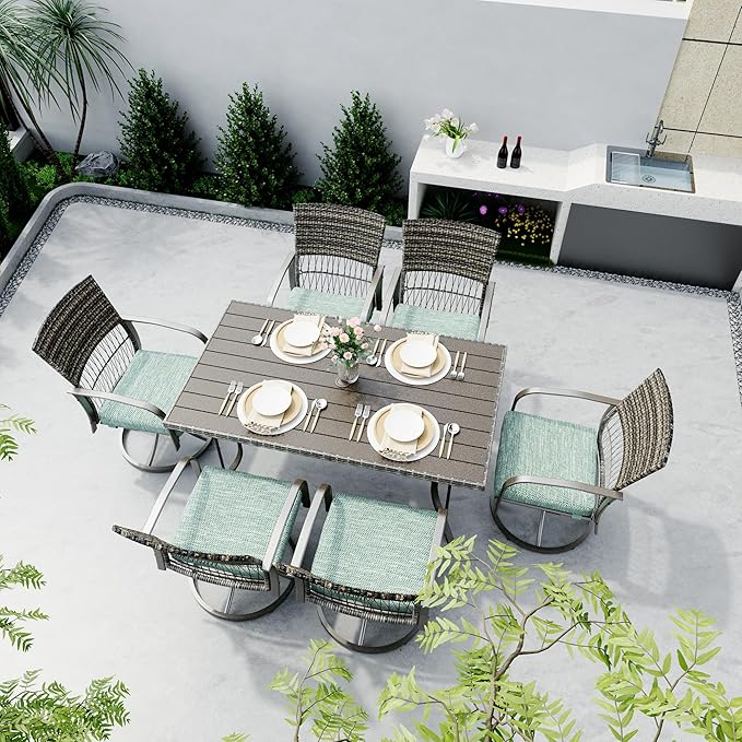 Pamapic 7-Piece Outdoor Dining Set with Swivel Rocker Chairs, Wicker Patio Furniture for 6, Poolside Garden Deck with Iron Table & Removable Cushions (Green)