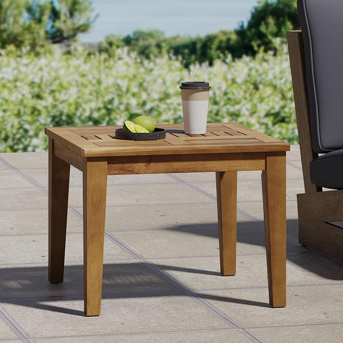 Hampton Outdoor Acacia Wood Side Table 20" W x 20" D x 15.75" H for Patio Small Space: Holds 300 lbs Rain or Shine - Low Profile Design - No Assembly Hassle