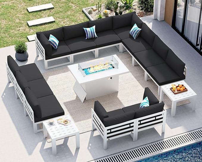 NICESOUL 15 Piece Aluminum Patio Furniture Set with Fire Pit Table, Oversized Modular Outdoor Sectional Sofa, 29 inch Deep Wide Seat， Conversation Set with End Table for Patio Garden Backyard, Black