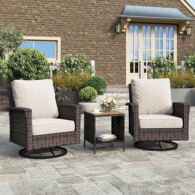 3-Piece Outdoor Patio Furniture, High Back Swivel Chairs Set of 2 with Rattan Table, Brown Wicker Conversation Bistro Set with 5.5” Thick Cushion for Deck Porch Balcony Garden Lawn, Beige