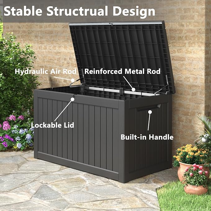 KAMABOKO 260 Gallon Outdoor Storage Box, Resin Deck Boxes Indoor and outdoor, Waterproof Storage Box Lockable Lid for Garden Tools, Package Delivery, Patio Cushions, Black