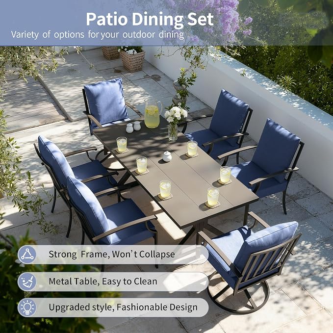 Kullavik 7 Pieces Outdoor Dining Set,Patio Dining Table and Chairs Set for 6,Fence Pattern Back Chairs with Thickened Cushions & X-Frame Metal Dining Table with Umbrella Hole for Patio,Navy Blue