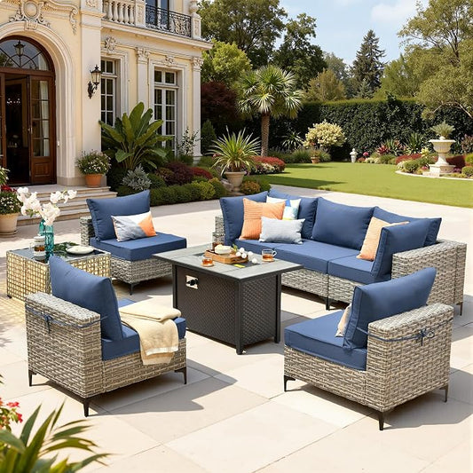8 Pieces Patio Furniture Set with 42" Fire Pit, All-Weather Rattan Outdoor Sectional Conversation Sets L Shaped Sofas with Solar Light Coffee Table for Porch Balcony Backyard Denim Blue