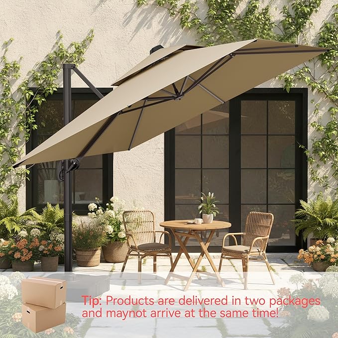 10x10 FT Patio Umbrella with Base, Large Cantilever Double Top Heavy Duty Offset Umbrellas with 360° Rotation, Outdoor shade for Garden Deck Pool, Beige