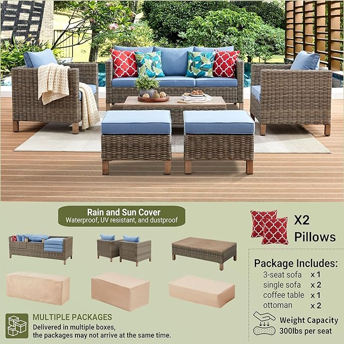 6 Pieces Sectional Sofa with Metal Top Coffee Table, Conversation Set Wicker Rattan Outdoor Furniture for Garden, Patio, Poolside, Porch PE Rattan Sofa (Blue)