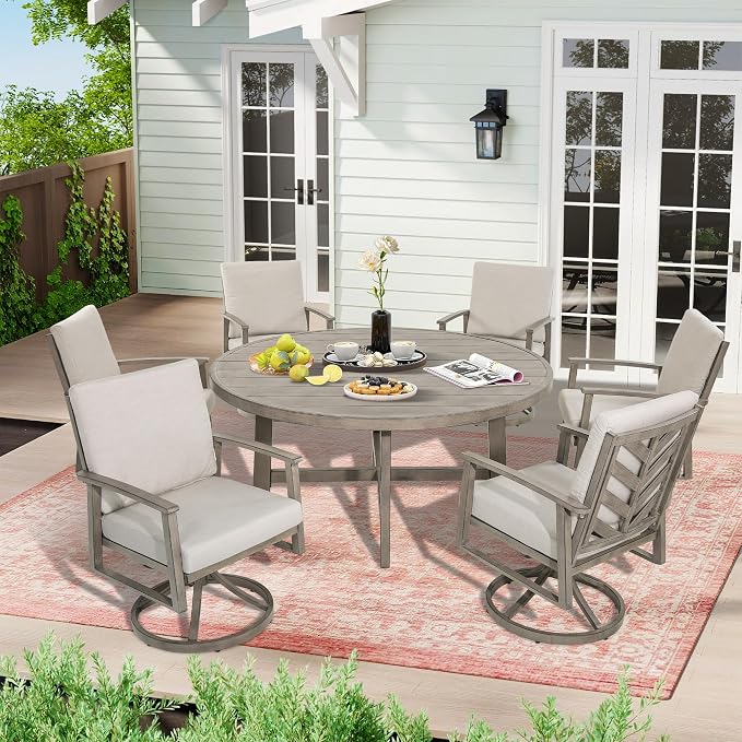 Ulax furniture Outdoor Dining Table 60 Inch Round - Aluminum Patio Table with Umbrella Hole, Weather-Resistant Garden Table for 6 (Grey)