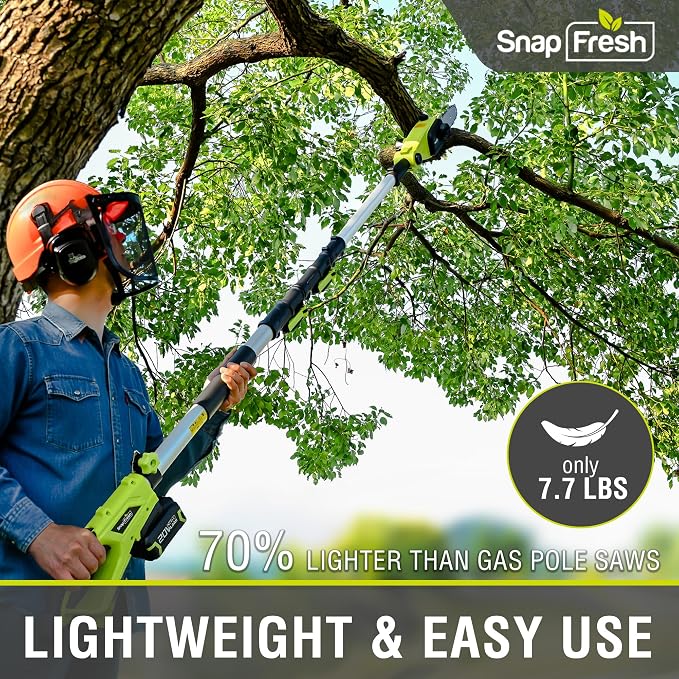 SnapFresh Brushless Cordless Pole Saw, 20V Lightweight Electric Tree Trimmer with 4.0Ah Battery & Fast Charger, 13 ft Reach,8” Cutting Bar, 3 Adjustable Angles, Auto-Oiling for Backyard Tree Trimming