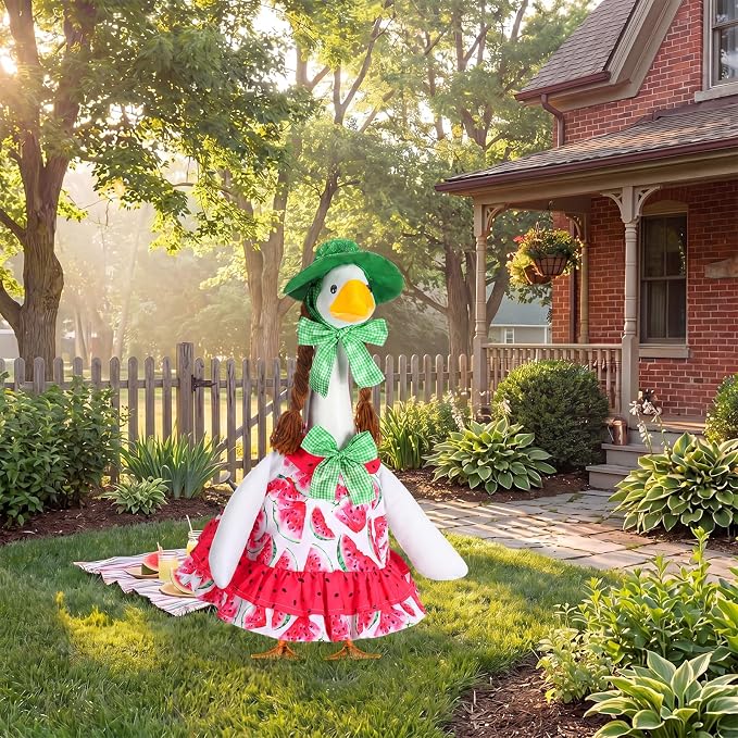 Abbylike Summer Watermelon Porch Goose Outfit Watermelon Costume Clothes for 23'' Goose for Garden Porch Statue Yard Pathway Decorations