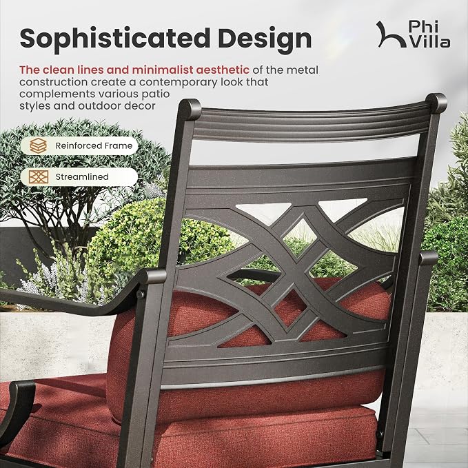PHI VILLA Outdoor Dining Set with Umbrella for 6, 60" Metal Table & Wrought Iron Swivel Chairs, Patio Furniture with Red Cushions & Pillows for Deck, Porch, Backyard