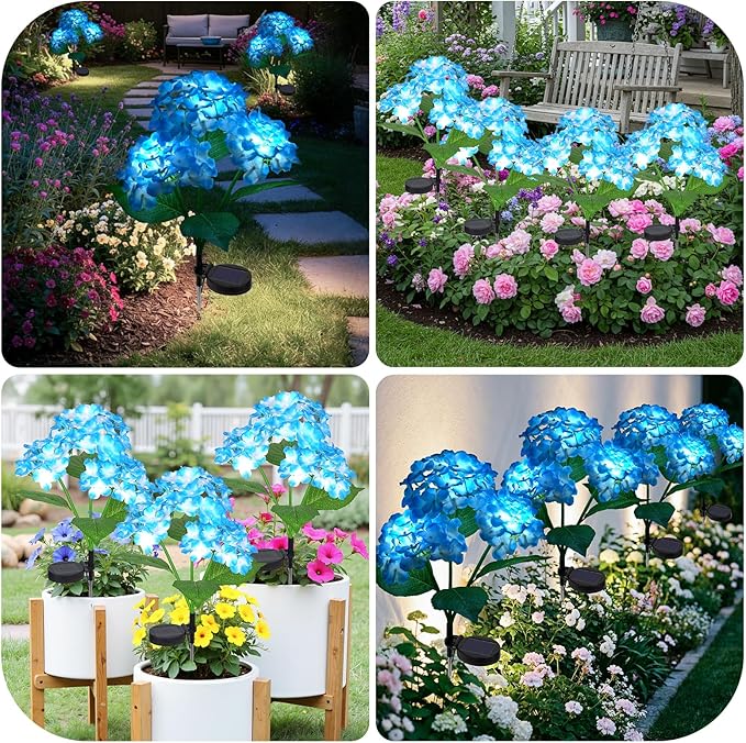 Solar Path Lights Outdoor 4 Pack, LED Blue Hydrangea Flower Decor, Waterproof Auto On/Off, Bigger Solar Panel for Yard, Patio, Garden Walkway Decoration Gift for Mom (Blue)