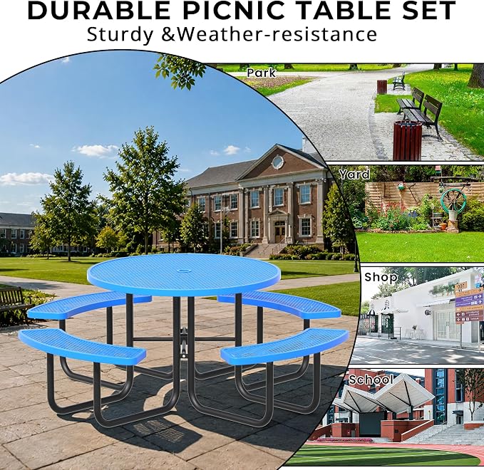 All-Weather Round Outdoor Picnic Table, Commercial Picnic Table Bench Set with Umbrella Hole, Thermoplastic Coated Metal Dining Tables for School, Stores, Park, Patio, Yard, Blue
