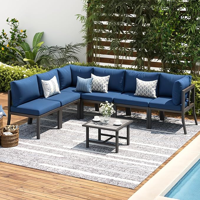 AECOJOY 7 Pieces Patio Furniture Set, Metal Mesh Fabric Outdoor Conversation Sets with Cushions and Wooden Table, Metal Outdoor Sectional Furniture for Backyard, Balcony, Lawn, Garden (Blue)