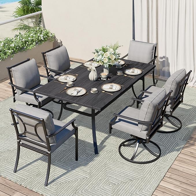 Grand patio Outdoor Patio Dining Set for 6 E-Coated Outdoor Furniture Set 7-Piece with 4 Swivel Dining Chairs & 2 Fixed Dining Chairs &1 Rectangular Dining Table with Umbrella Hole, Grey