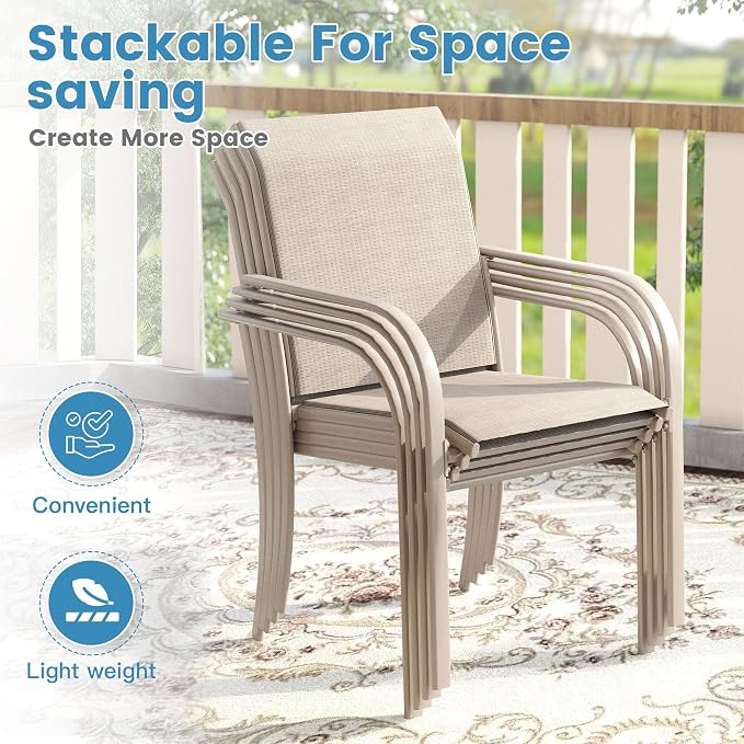 DIFY 9 Pieces Outdoor Patio Dining Set for 8, 53" Sandshell Round Metal Dining Table and 8 Sandshell Stackable Sling Dining Chairs, Outdoor Table and Chairs for Lawn Garden Backyard Deck