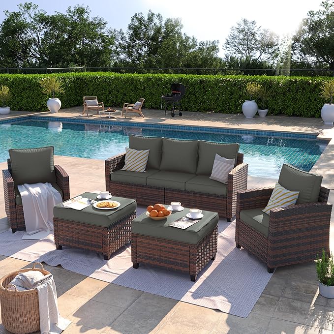6 Pieces Patio Furniture Set with 44" Gas Fire Pit Table, Outdoor Sectional Sofas, All-Weather Wicker Rattan Sofa w/Gas Fire Pit, Ottoman, Thick Cushion, Dark Grey