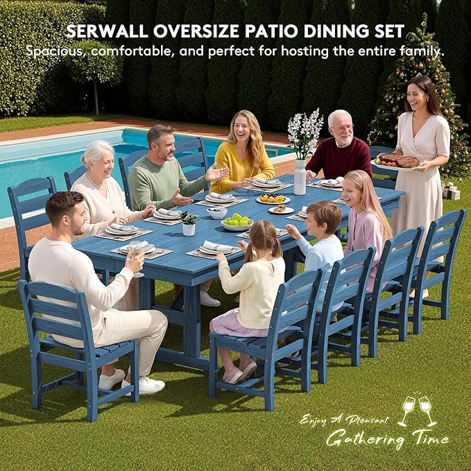 SERWALL Outdoor Armless Dining Chairs Set of 4, All-Weather HDPE Patio Chair with 19.7" Widened Seat, for Backyard, Garden, Blue