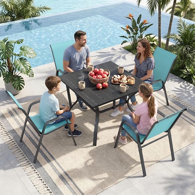 Outdoor Dining Set for 4, Patio Metal Table and Chairs Set with 1.97'' Umbrella Hole, 5pcs Patio Furniture Set 37.8”x37.8” Dining Table Set with Stackable Chairs for Backyard Pool Deck