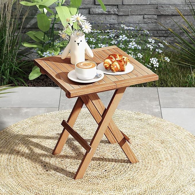 RELAX4LIFE Folding Outdoor Side Table - Teak Wood End Table, 18’’ Square Coffee Bistro Table w/Slatted Tabletop, Portable Picnic Camp Table for Poolside Porch Garden, Foldable Small Patio Table