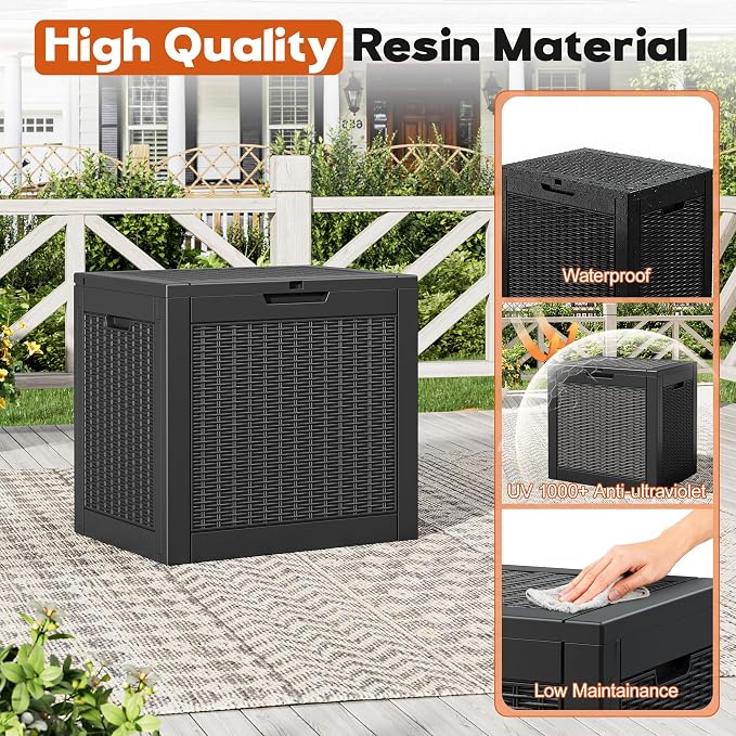 Outdoor Storage Box, Resin Deck Boxes Indoor and outdoor, Waterproof Storage Box Lockable Lid (Black, 31 Gallon)