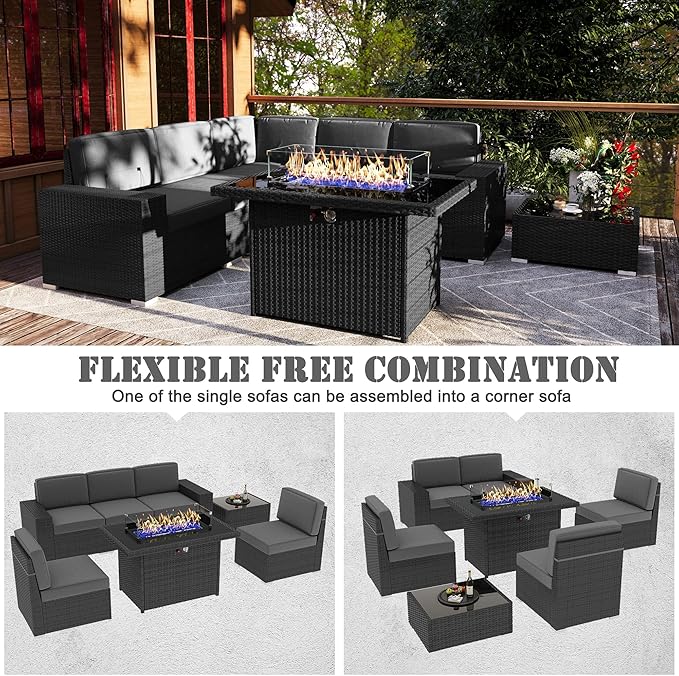 7 Pieces Patio Furniture Set with 44" Propane Gas Fire Pit Table, Outdoor Sectional Wicker Conversation Sofa Sets with Coffee Table