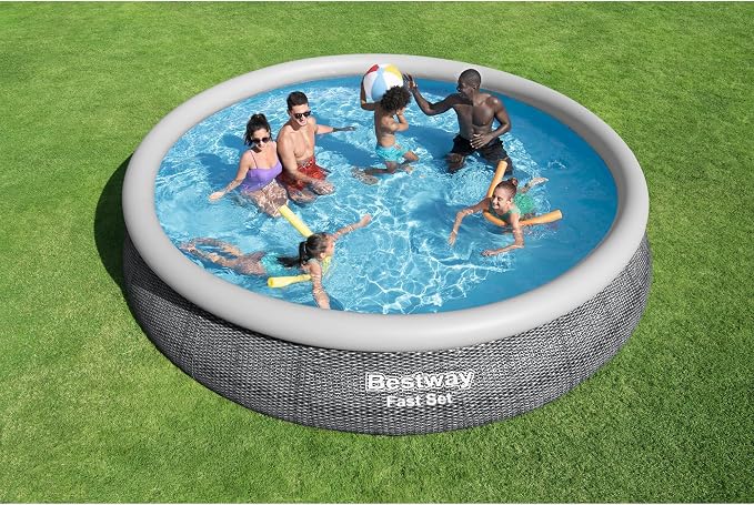 Bestway Fast Set 15' x 33" Round Inflatable Outdoor Above Ground Swimming Pool Set with 530 Gallon Filter Pump and Repair Patch, Gray Rattan