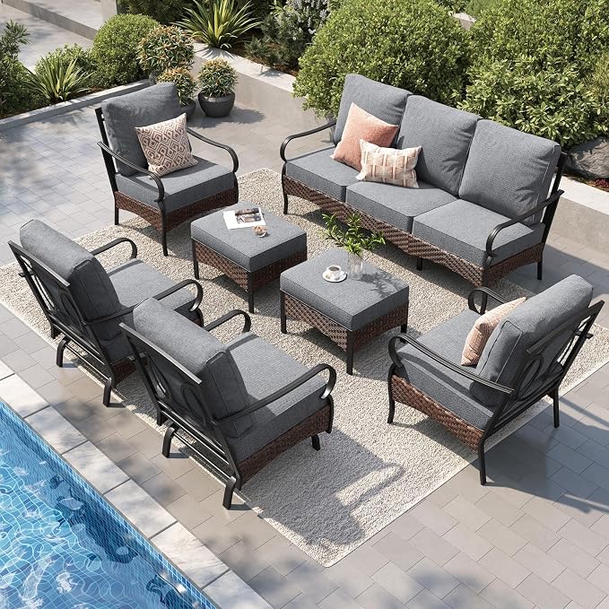 PHI VILLA Patio Furniture Set, Extra Large Wicker & Metal Outdoor Conversation Set Patio Sectional Sofa Set with Waterproof Thick Cushions for Porch, Poolside, Deck(7 Pieces, Grey)