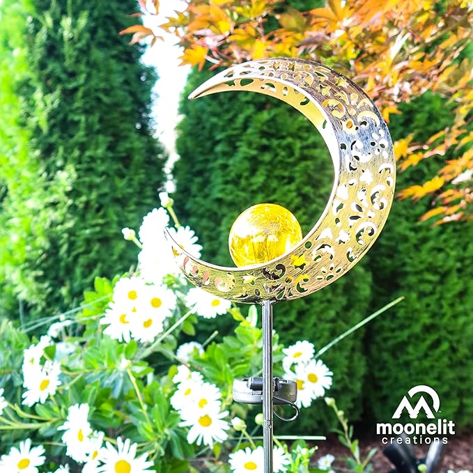 MCSSMOON Solar LED Crescent Moon Garden Light – Waterproof Metal Stake with Crackled Glass Globe