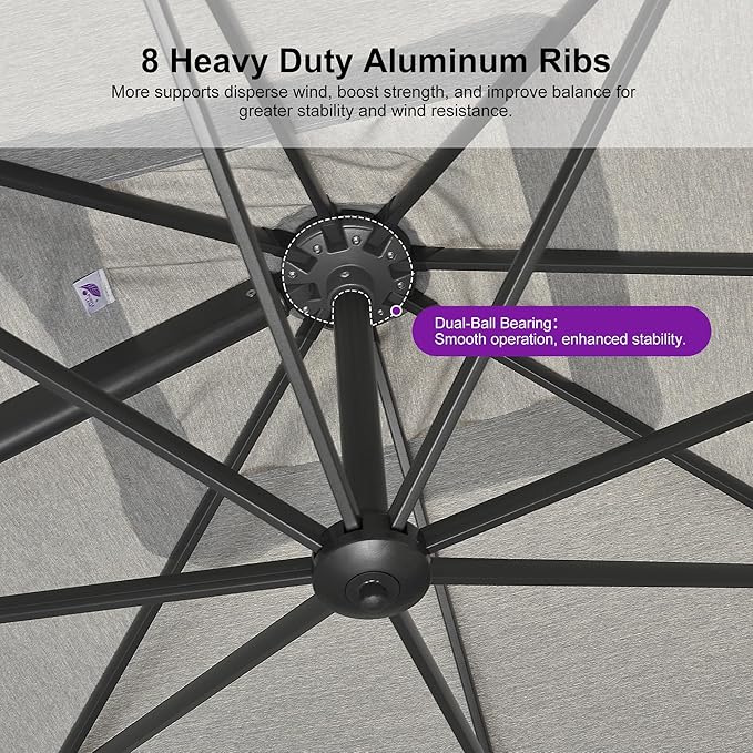 PURPLE LEAF Patio Umbrella 10' X 13' Rectangle Umbrella with Central Lights and Base Large Aluminum Outdoor Umbrellas with 360-degree Rotation & UPF40+ Fabric for Deck Pool Garden Yard, Pebble Grey