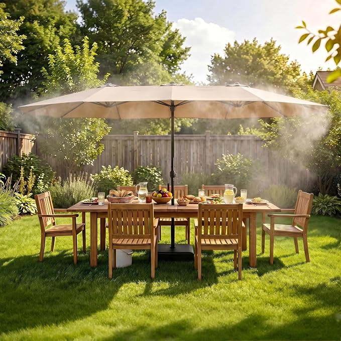 15 FT Patented Misting Patio Umbrella with Base, Outdoor Umbrella with Built-in Rechargeable Mist System