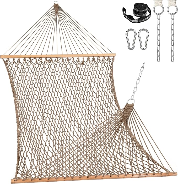Lazy Daze Hammocks 12FT Double Rope Hammocks, 2 Person Hand Woven Cotton Hammock with Spreader Bar, Carabiner, Tree Strap, Chain for Outside, FIT 13-15 FT Stand, Max 450 Lbs, Brown
