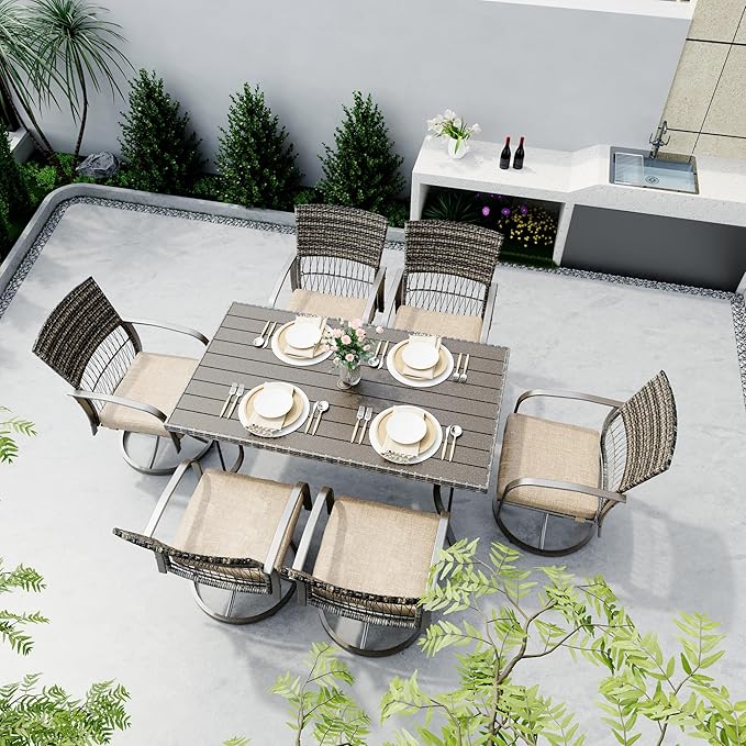 Pamapic 7-Piece Outdoor Dining Set with Swivel Rocker Chairs, Wicker Patio Furniture for 6, Poolside Garden Deck with Iron Table & Removable Cushions(Beige)