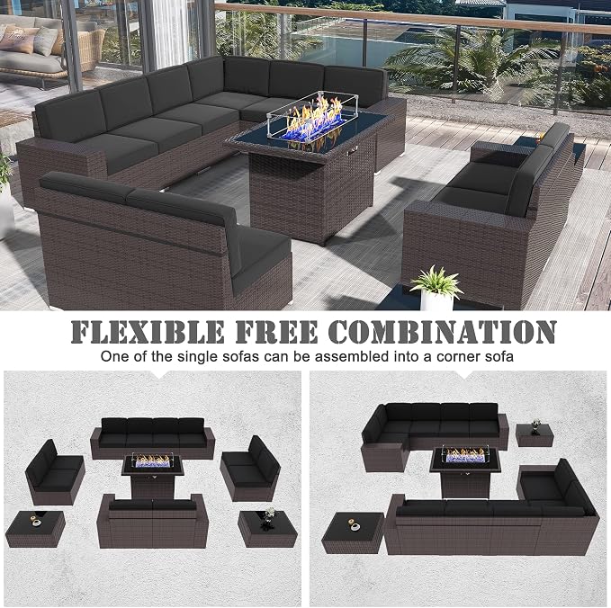 13 Pieces Patio Furniture Set with 44" Propane Gas Fire Pit Table, Outdoor Sectional Brown Rattan Wicker Conversation Sofa Sets with Coffee Table