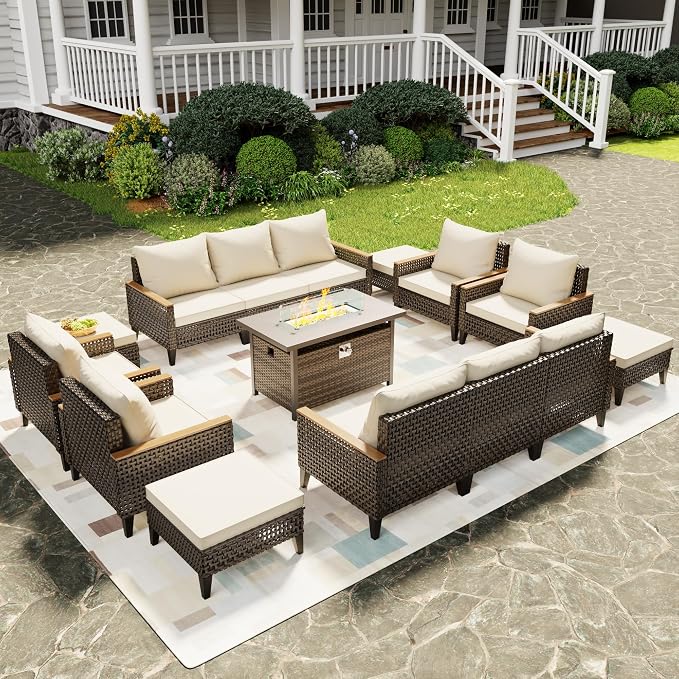15 Piece Patio Furniture Set with 50000 BTU Propane Fire Pit Table, All-Weather Wicker Rattan Outdoor Sectional Sofa Set with High Back and Thick Cushions for Garden, Porch, Poolside, Beige