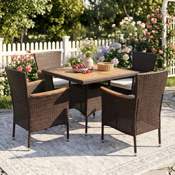 Wisteria Lane Patio Outdoor Table and Chairs Set, Rattan Outdoor Patio Furniture Set with Removable Cushions, Outdoor Patio Dining Sets with Acacia Wood Tabletop for Garden Backyard Deck, Brown