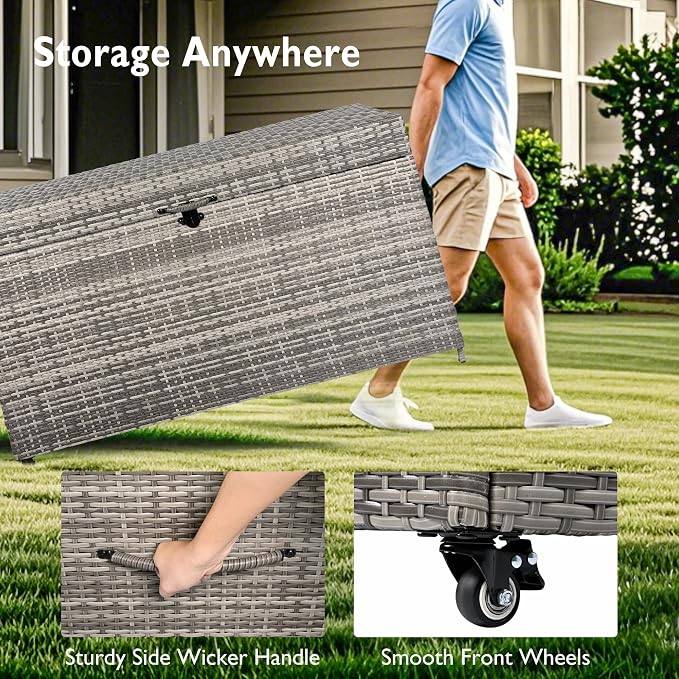 200 Gallon Wicker Deck Box with Wheels, All-Weather Outdoor Storage Box, Rattan Storage Bin for Patio Furniture, Outdoor Cushions, Pool Storage and Garden Tools - Grey