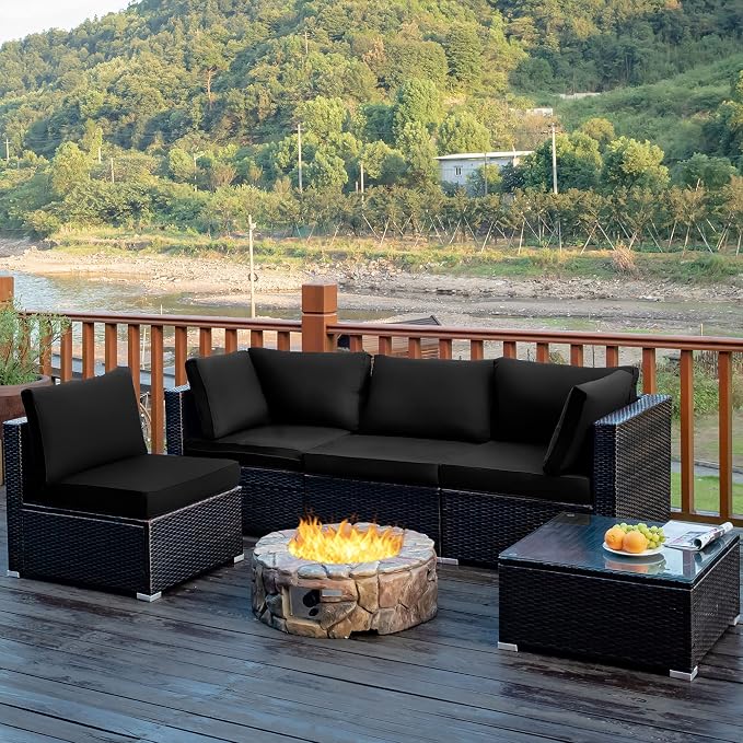DORTALA 5 Pieces Patio Furniture Set, Outdoor Rattan L-Shaped Corner Sofa Set with Cushions, Coffee Table, Patio Sectional Conversation Set for Backyard Porch Garden Poolside, Black
